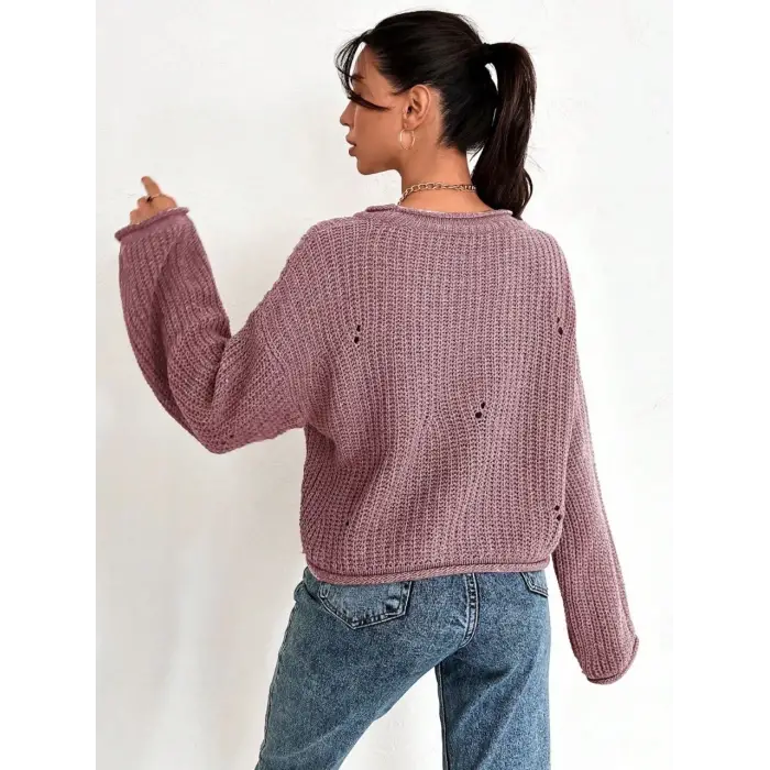 Salaş delik detaylı kazak pembe