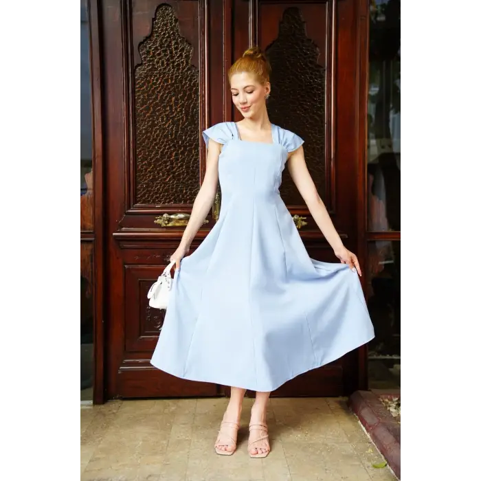 U yaka prenses elbise mavi s255101