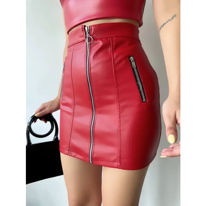 Üç fermuarlı deri etek bordo s24510