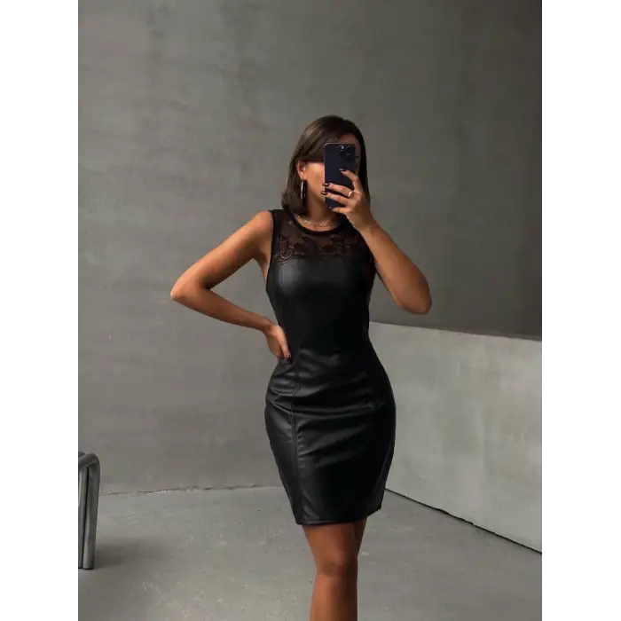 Üstü dantelli straplez deri elbise siyah w24421