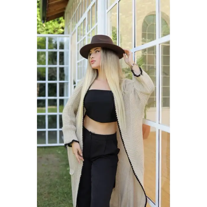 Uzun hırka çoban dikiş bej