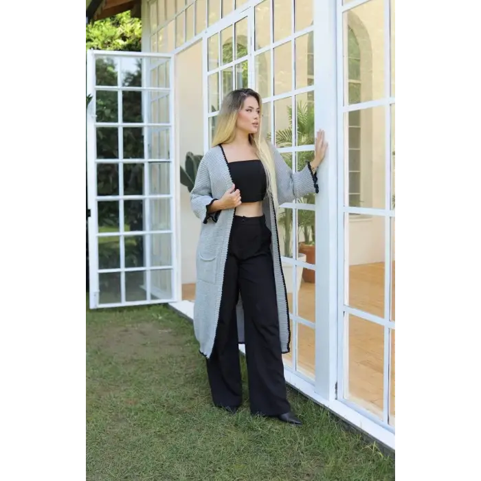 Uzun hırka çoban dikiş gri