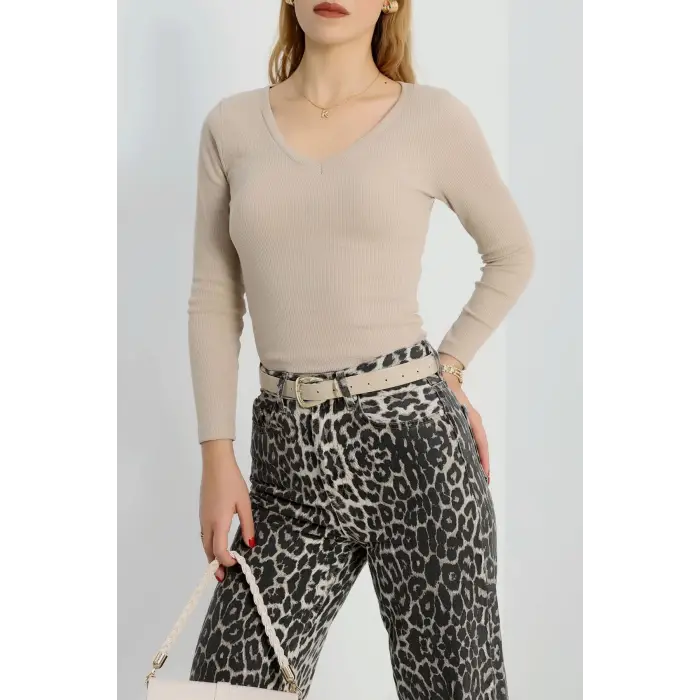V yaka kaşkorse bluz bej a3699