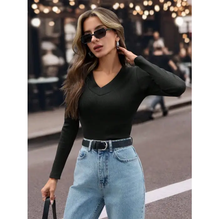 V yaka kaşkorse bluz siyah w3817