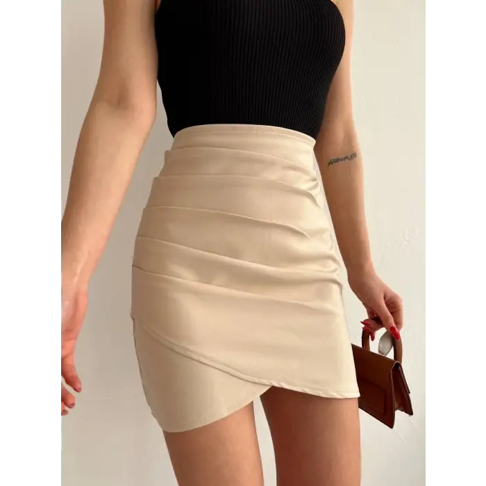 Yandan drapeli asimetrik etek bej s24771