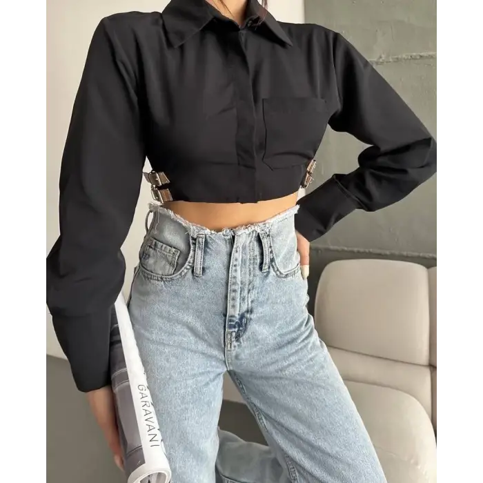 Yanı kemer detaylı crop gömlek siyah s4009