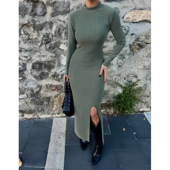 Yırtmaçlı kalın bürümcük uzun elbise Yeşil