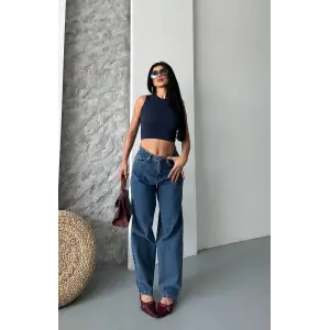 Baggy kar yıkama jeans pantolon koyu mavi d2007