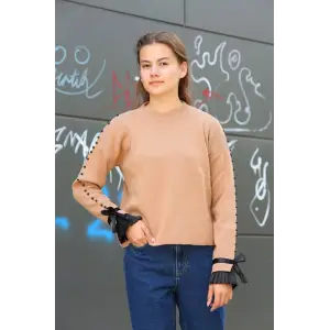 Boncuklu bile detaylı kazak vizon