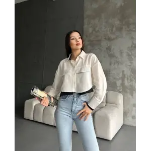 Çift renkli kısa gömlek krem s4021