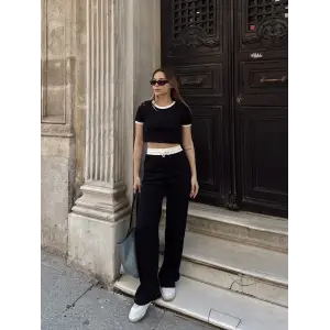 Crop pantolon biyeli takım siyah