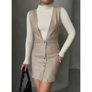 Deri jile elbise bej w24796