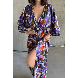 Dokuma baskılı yarasa kol elbise s8124