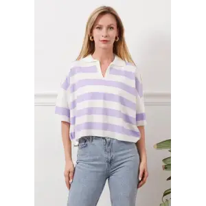 Gömlek yaka çizgili triko tişört
