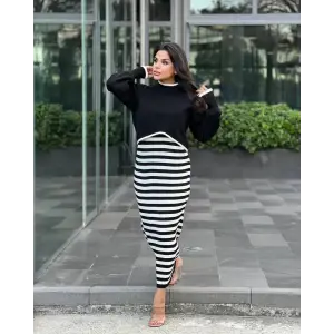 İkili triko elbise takım siyah beyaz