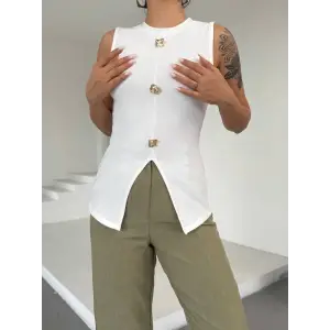 Kadın beyaz bisiklet yaka gold düğmeli ottoman bluz s2310