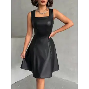 Kare yaka deri elbise siyah h24442