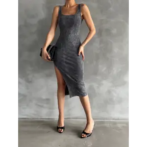 Kaşkorse aşit yıkamalı yırtmaçlı elbise