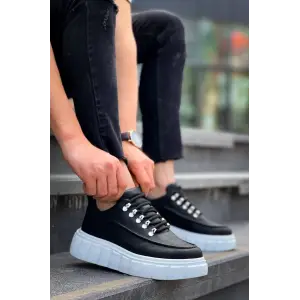 KB-X10 Kuback Siyah Cilt  Beyaz Yüksek Taban Günlük Spor Ayakkabı