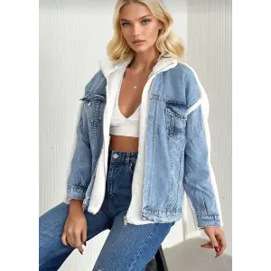 Kürklü kot ceket mavi t7009