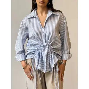 Önü büzgü detaylı çizgili gömlek