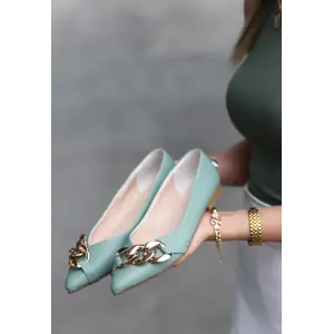 Popi Mint Yeşili Cilt Zincirli Babet Ayakkabı