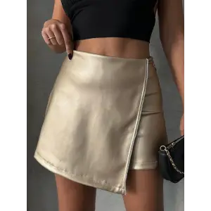 Taşlı şort etek deri gold h240018