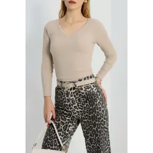 V yaka kaşkorse bluz bej a3699
