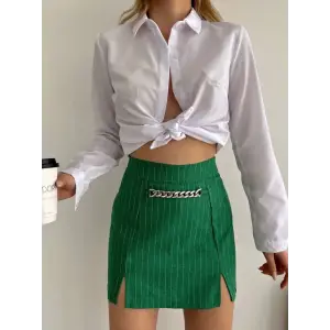 Zincir detaylı çizgili şort etek