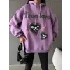 3 iplik şardonlu oversize true baskılı sweat mor