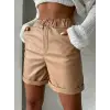 Beli lastikli duble paça deri şort bej w24755