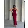 Krinkıl tek omuz uzun elbise bordo s25455