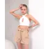 Kuşaklı keten şort bej s255265