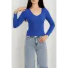 V yaka kaşkorse bluz saks mavisi a3699