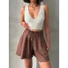 Volanlı keten şort kahve s255058