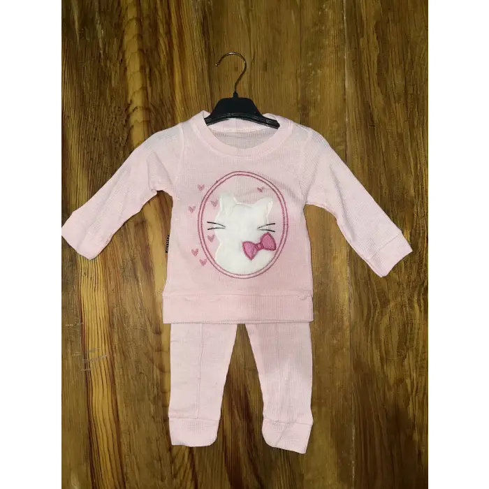 3-12 aylık kedi desen işlemeli takım pembe