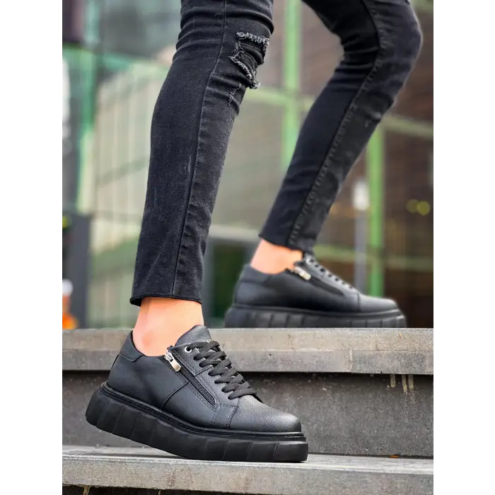 KB-X155 Kuback Siyah Cilt Detaylı Siyah Yüksek Taban Günlük Spor Ayakkabı
