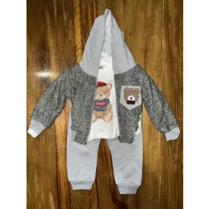 6-24 aylık ceketli kapşonlu üçlü takım gribeyaz