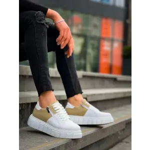 KB-X155 Kuback Beyaz Cilt Bej Süet Detaylı Beyaz Yüksek Taban Günlük Spor Ayakkabı
