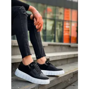 KB-X155 Kuback Siyah Cilt Siyah Süet Detaylı Beyaz Yüksek Taban Günlük Spor Ayakkabı