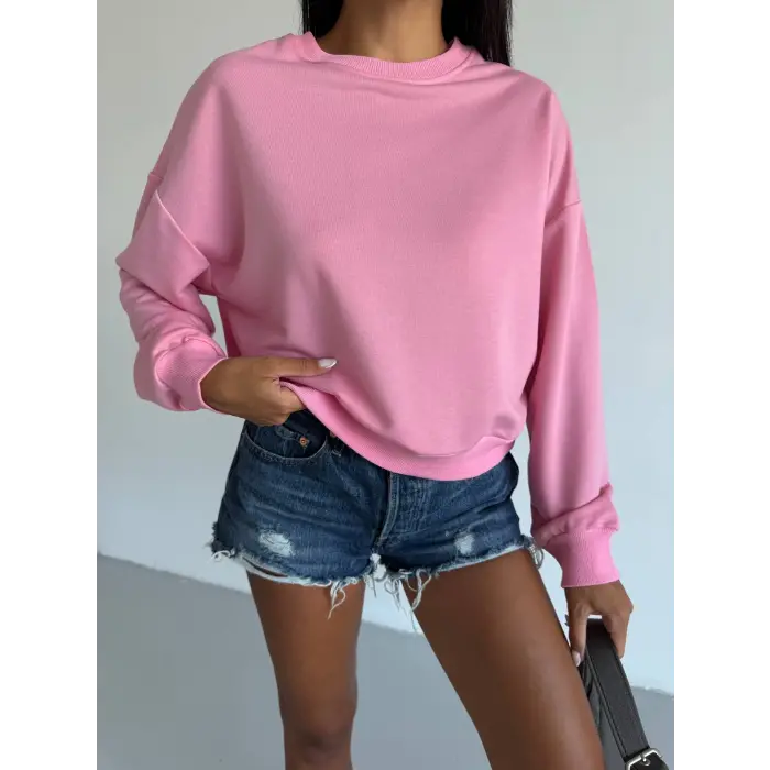 2 iplik bisiklet yaka sweat pembe f2339