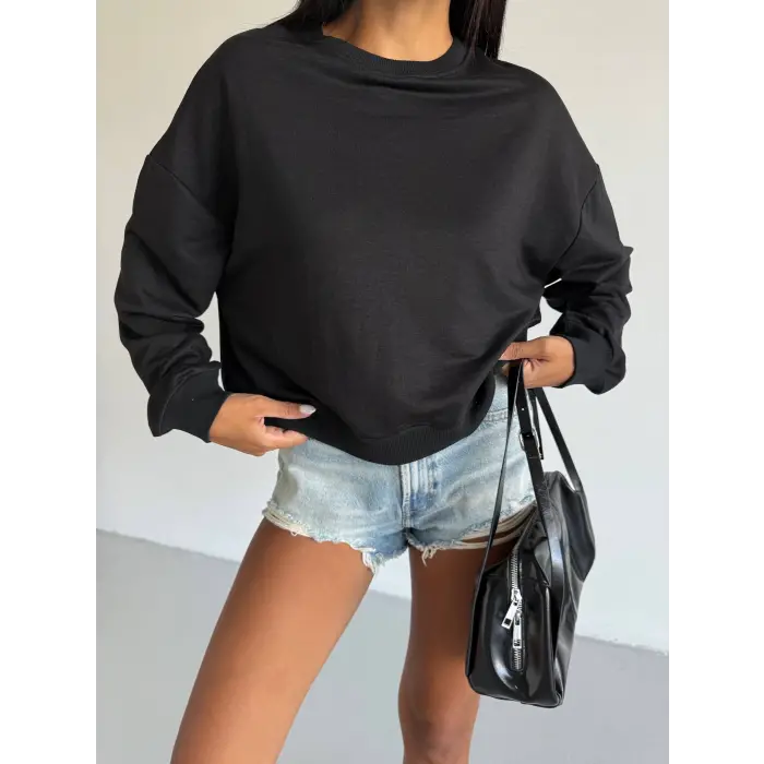 2 iplik bisiklet yaka sweat siyah f2339
