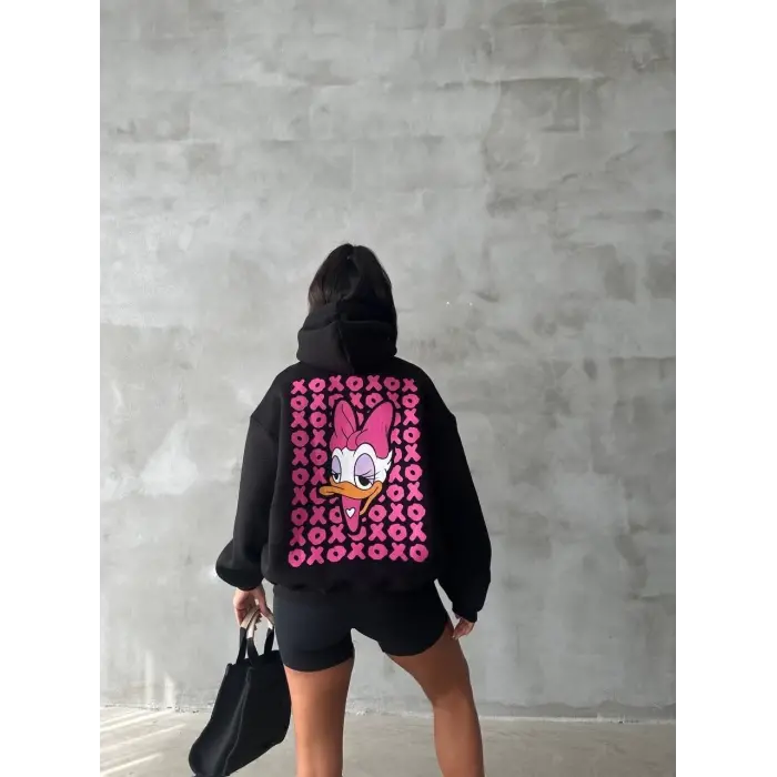 3 iplik şardonlu oversize compact ördek baskılı sweat siyah