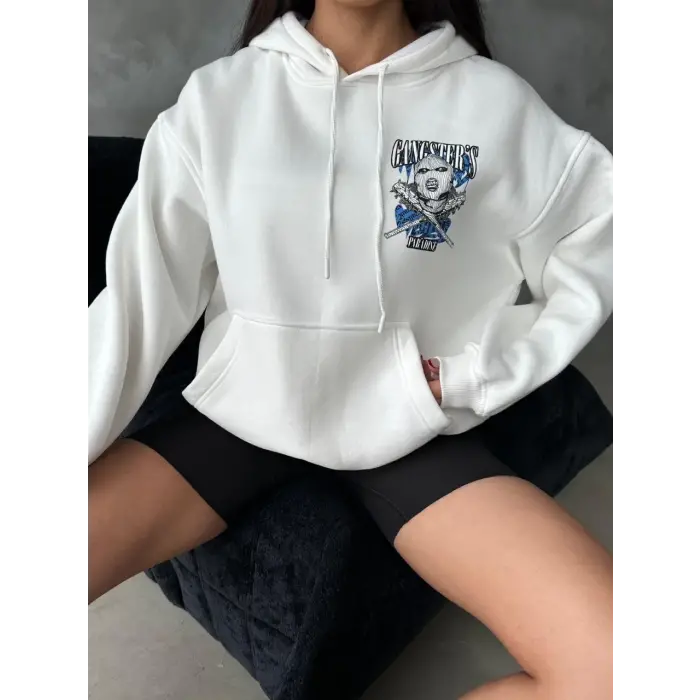 3 iplik şardonlu oversize kafa baskılı sweat beyaz