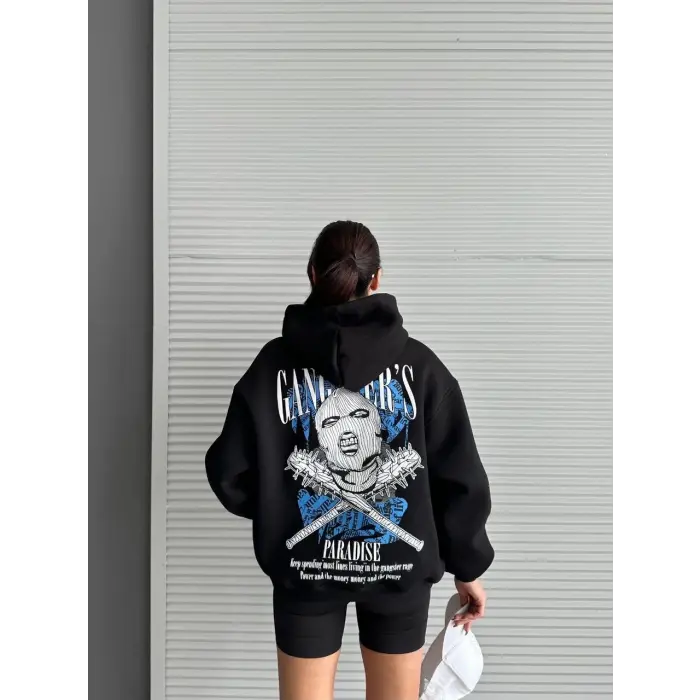 3 iplik şardonlu oversize kafa baskılı sweat siyah