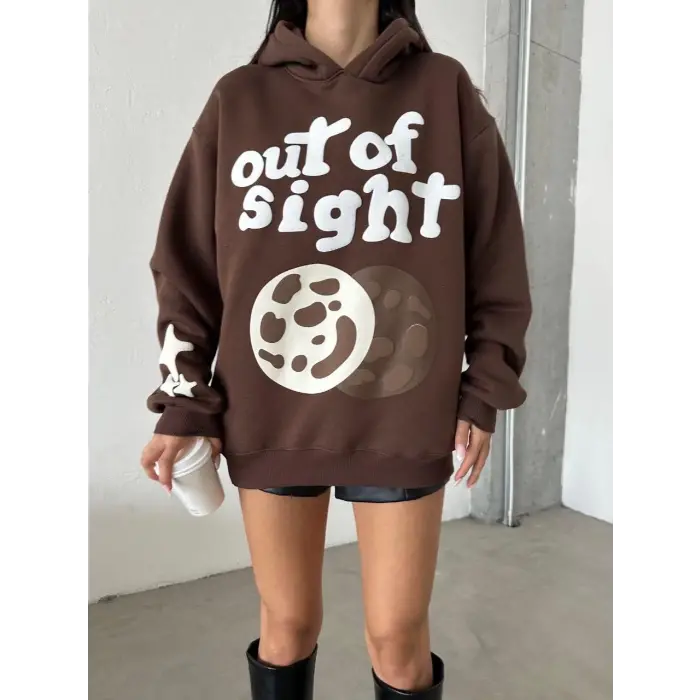 3 iplik şardonlu oversize out of baskılı sweat kahve