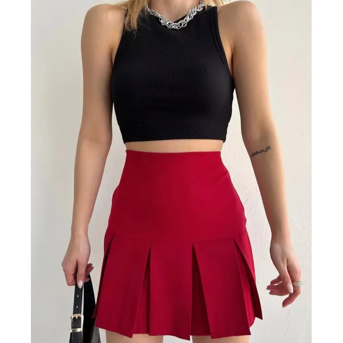 Altı geniş pileli etek bordo s24729