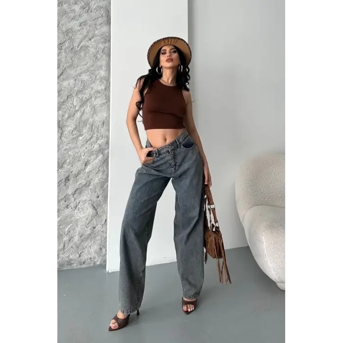 Baggy kar yıkama eskitme kahve jeans pantolon d2007