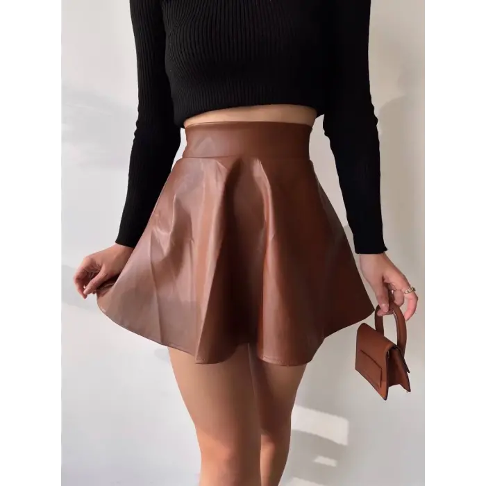 Beli lastikli deri etek kahve s24599