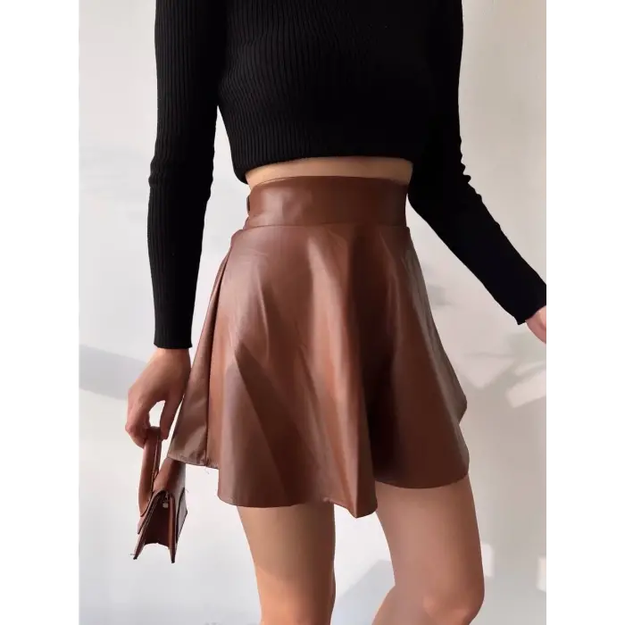 Beli lastikli deri etek kahve s24599